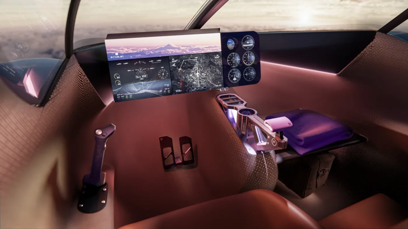 eVTOL cockpit displays against a sunset above the clouds