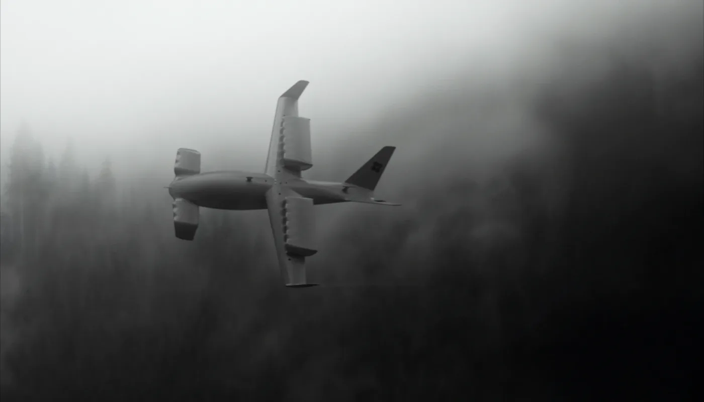 eVTOL flying over a misty forest