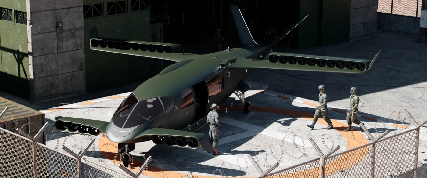 Olive eVTOL on a helipad with crew nearby