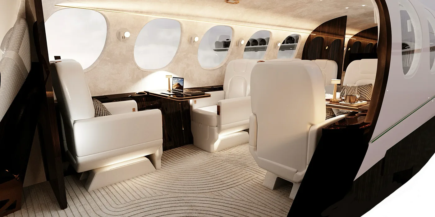 Business jet cabin with white seats and oval windows