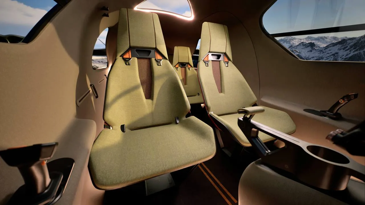 Olive eVTOL cabin seats with mountains outside