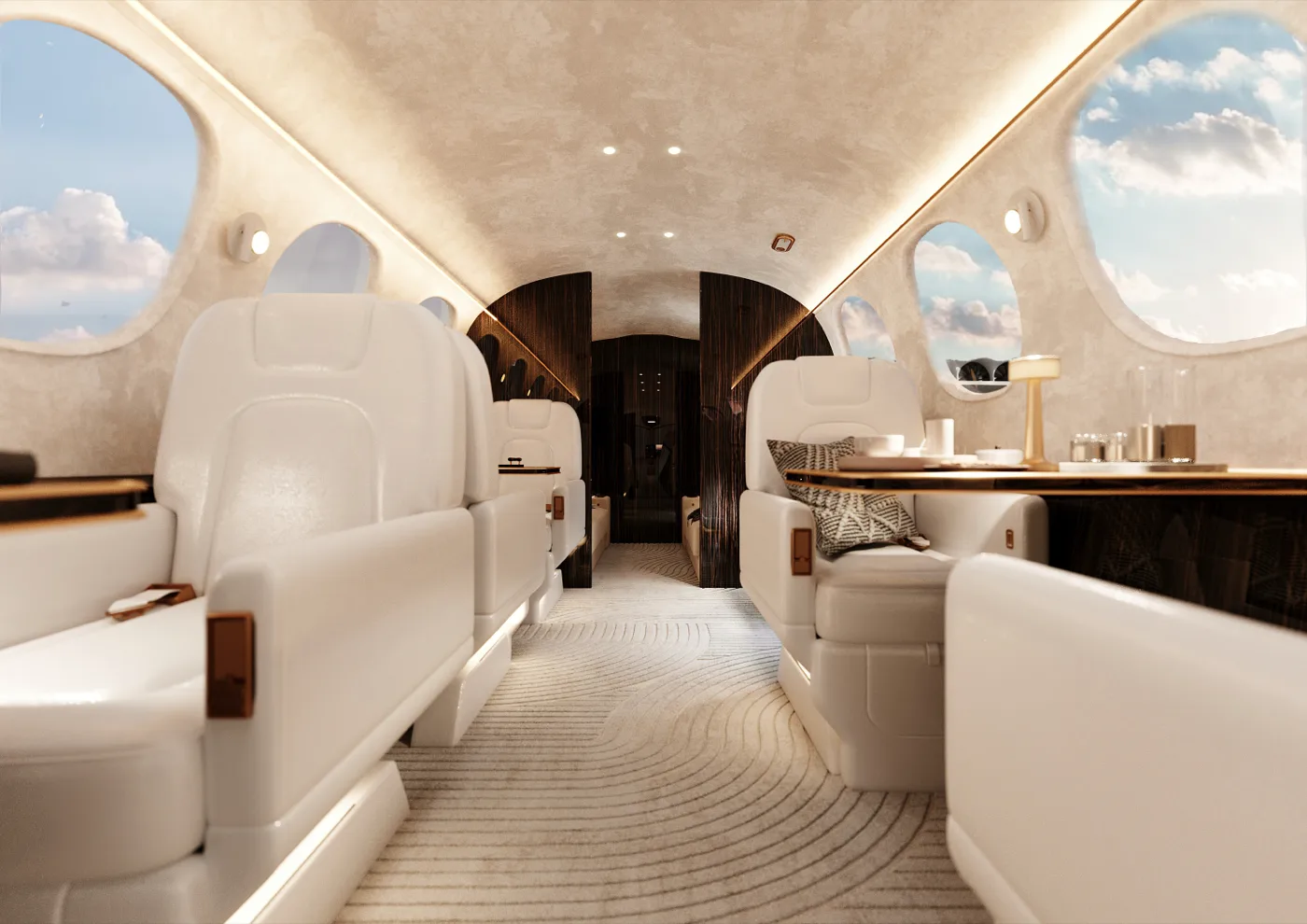 Business jet aisle with white seats