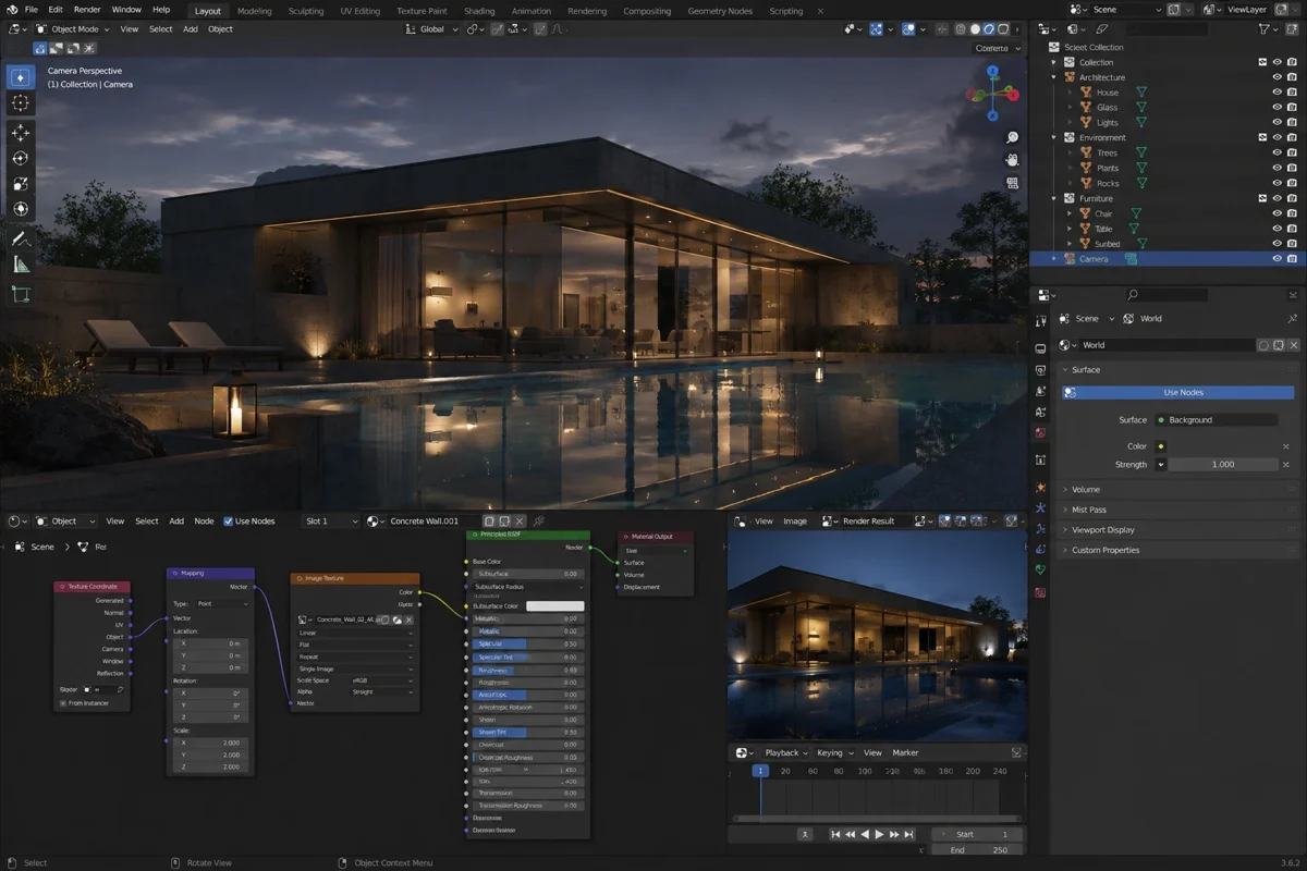 Blender scene: night visualization of a house with a pool