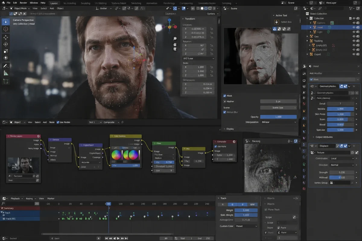 Blender scene: digital portrait, tracking and compositing