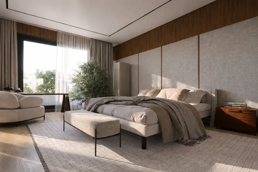 Bedroom in warm tones with fabric wall panels