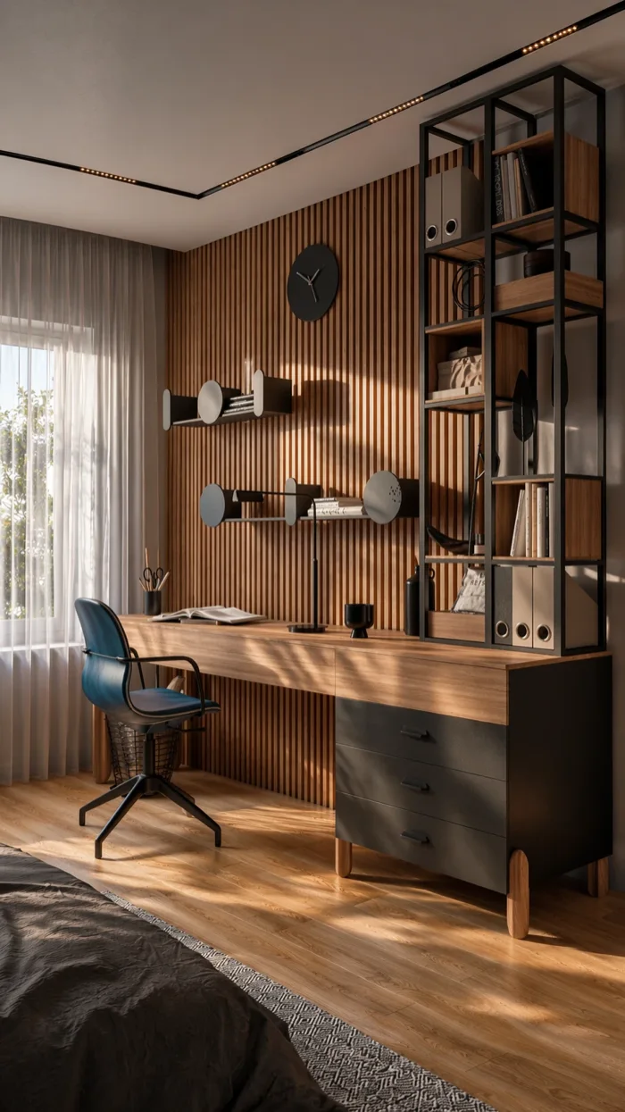 Workspace with wood slat panels and open shelving