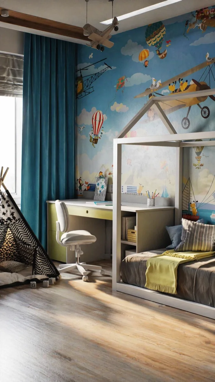 Kids room with a house bed and a hand-painted mural