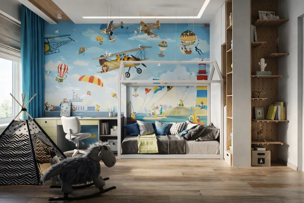 Kids room with a mural, a play tent and a house bed