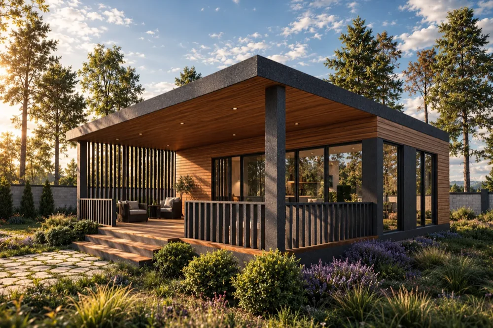 Timber-clad garden pavilion with a covered terrace