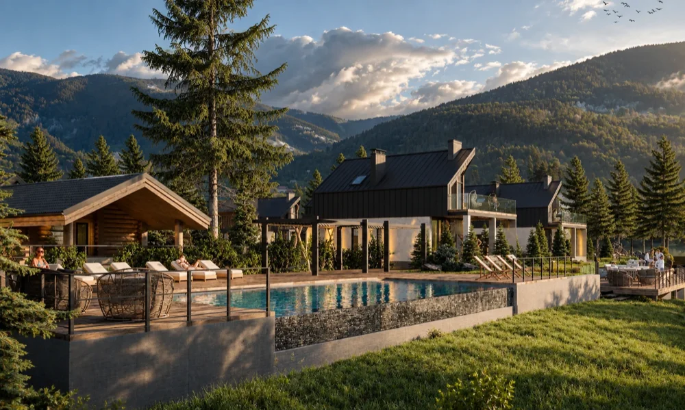Mountain resort with a pool overlooking the forest