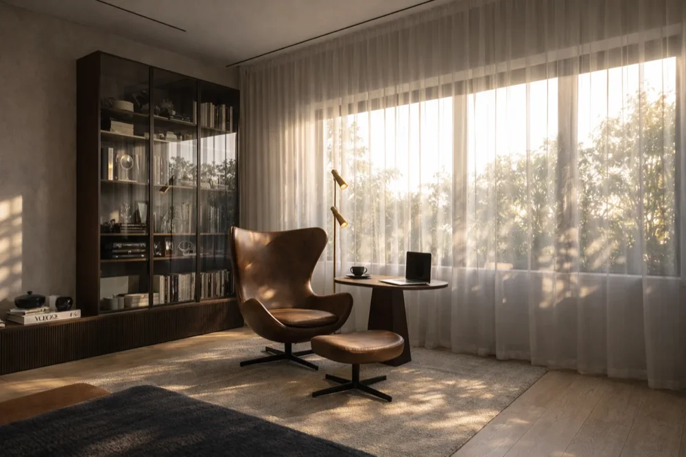 Study with a leather lounge chair and a bookcase by the window