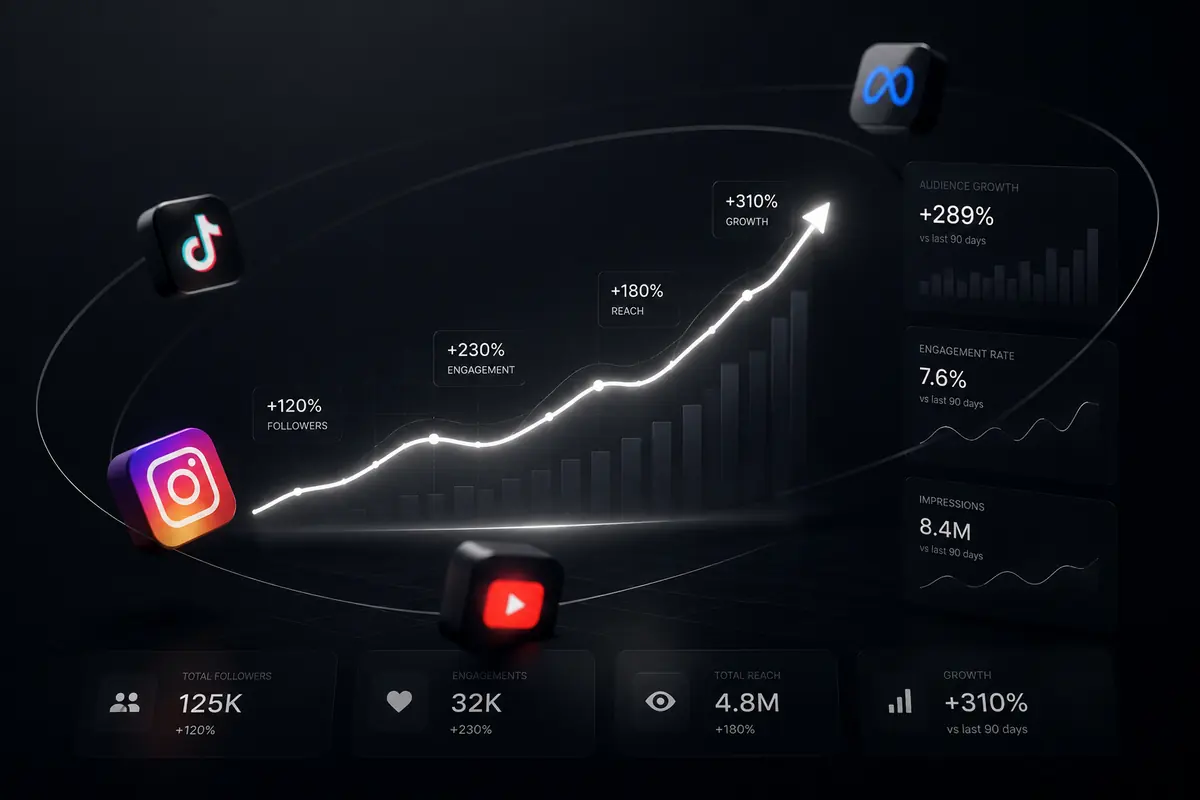 Social media growth visualized above a phone