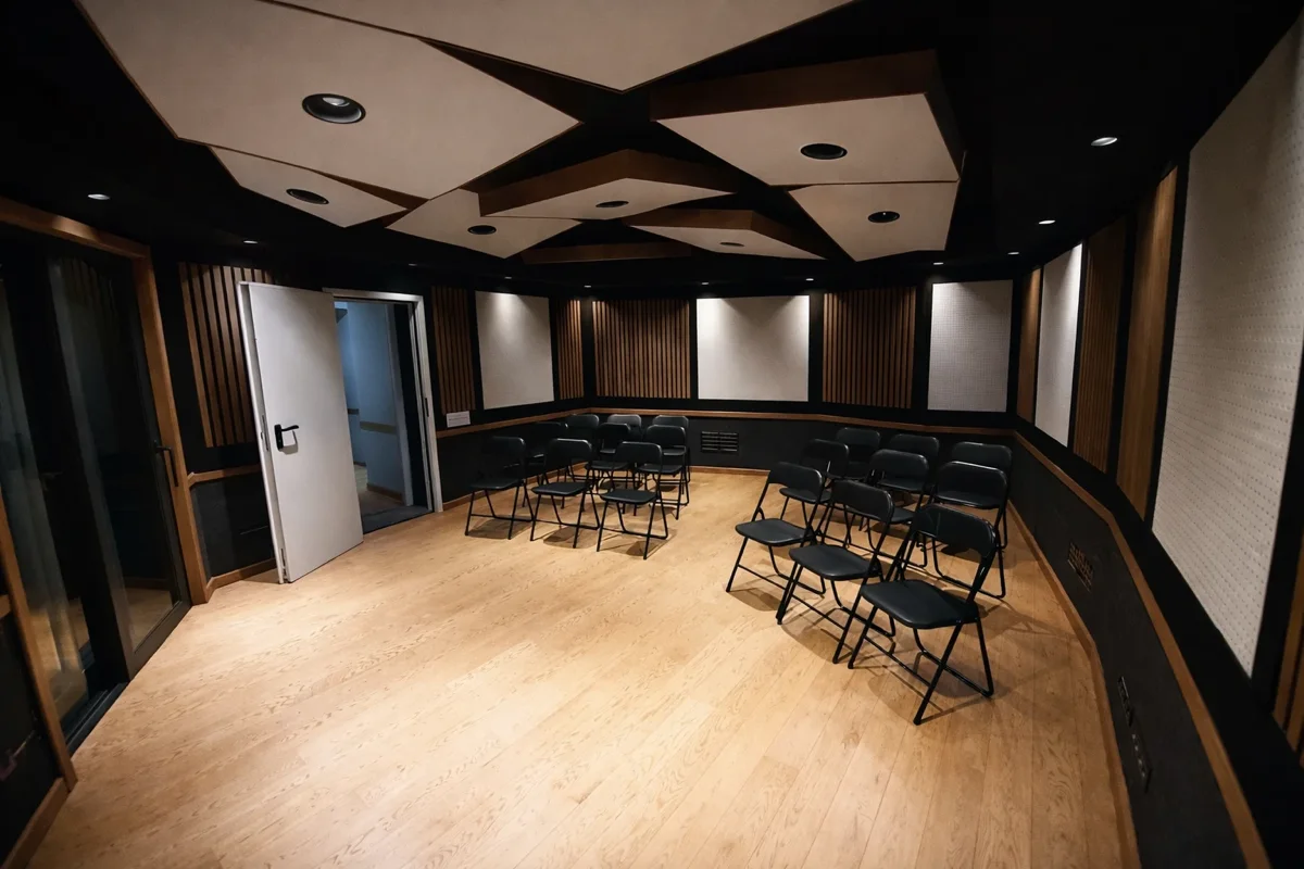 Live Room with acoustic panels and chairs set for an ensemble