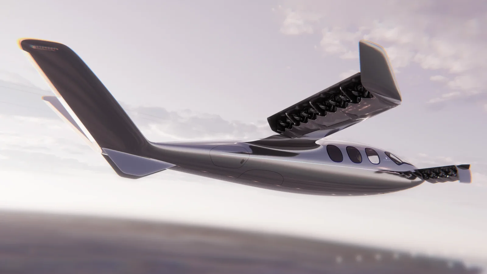 eVTOL aircraft flying above the clouds